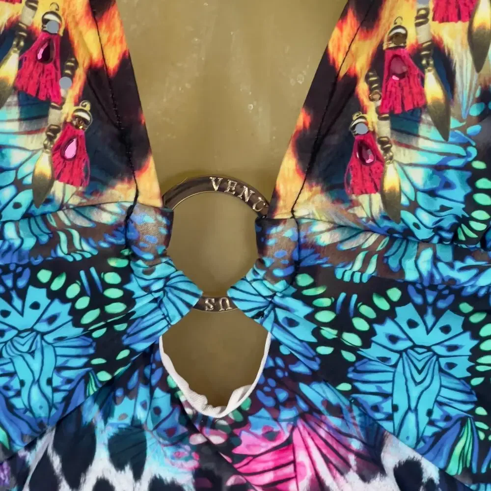 Venus Jungle Party One-Piece Swimsuit V-Neck Gold Ring Animal Print Womens 12